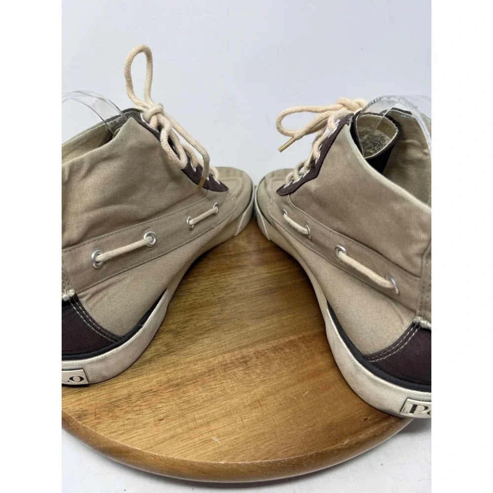 Polo Ralph Lauren Boat Shoes Mens Size 10 Beige‎ Brown Canvas High Top Casual